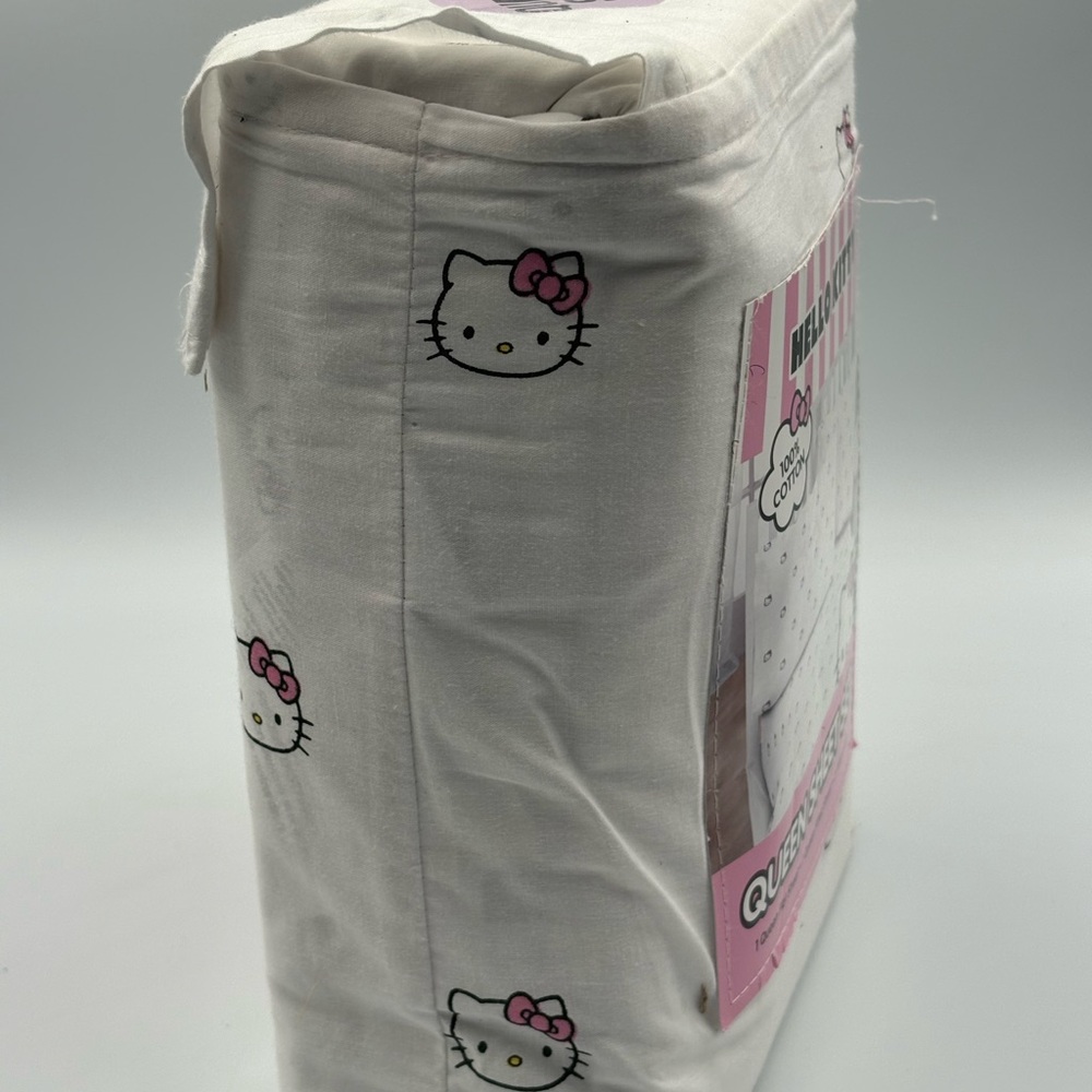 Hello Kitty White Queen Sheet Set Pink Bows 100% Cotton 4pc NWT Sanrio - Picture 2 of 5